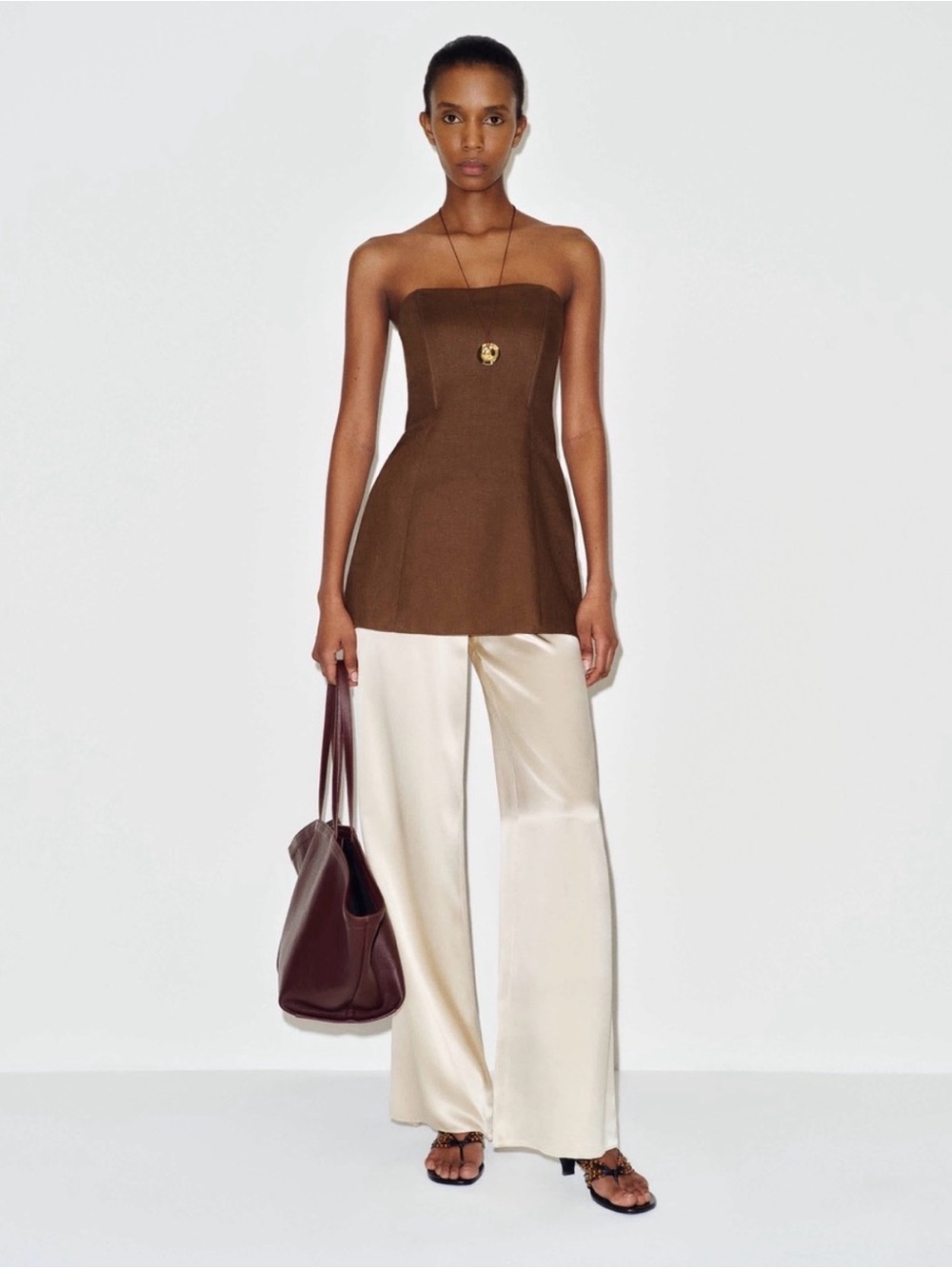 Reformation Aurina Brown Strapless Linen Top